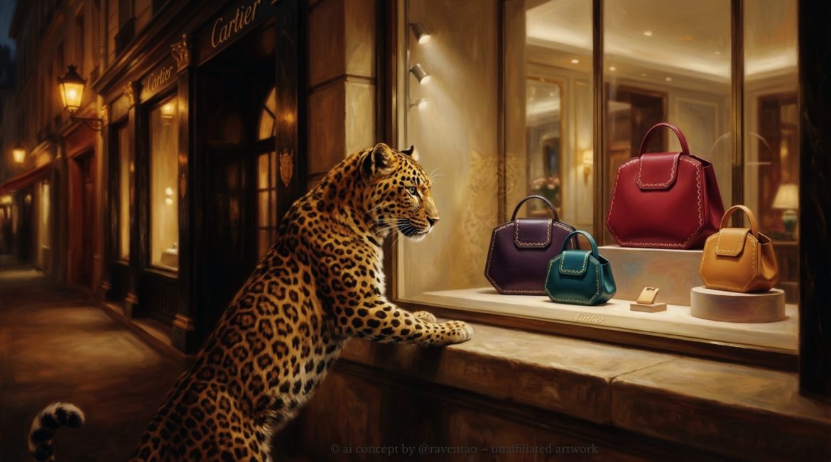 Leopard admiring Cartier Guirlande handbags in historic Paris boutique window – AI luxury art concept by Raven Tao highlighting Cartier Guirlande bag resale value and collector appeal.