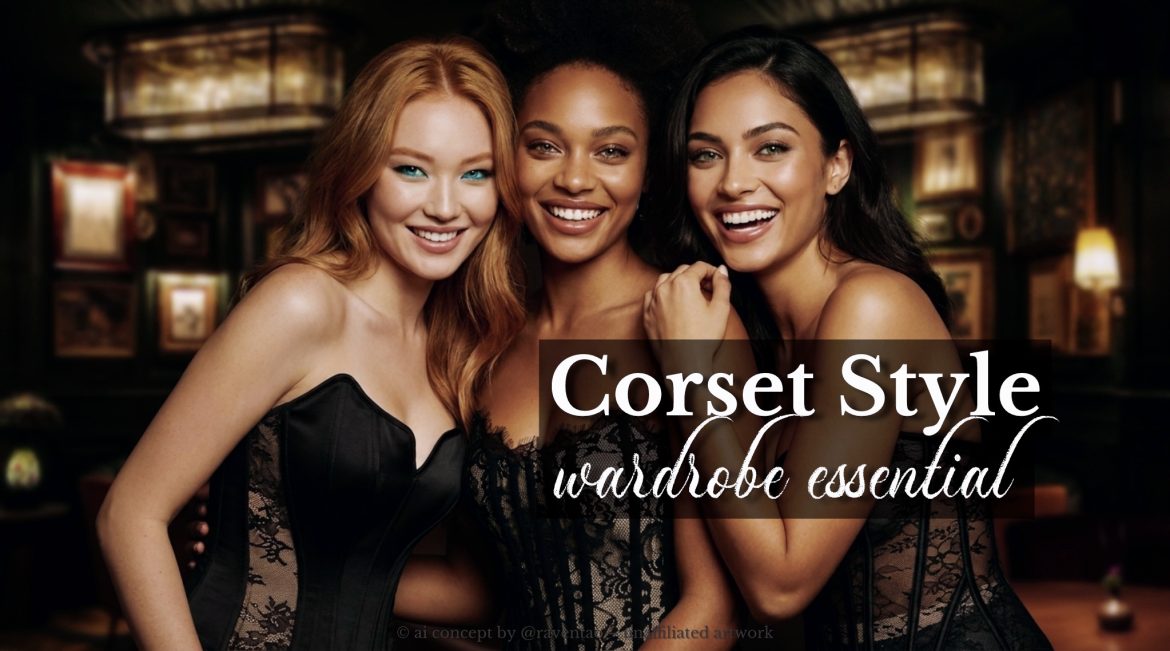 Three smiling women wearing elegant black lace corsets in a warmly lit lounge, representing modern confidence and timeless corset fashion. Text overlay reads “Corset Style — Wardrobe Essential.”