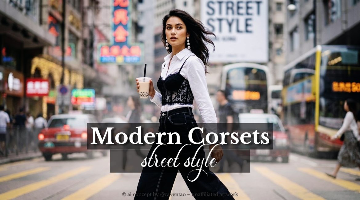 Woman in white shirt and corset top walking across a Hong Kong street.
