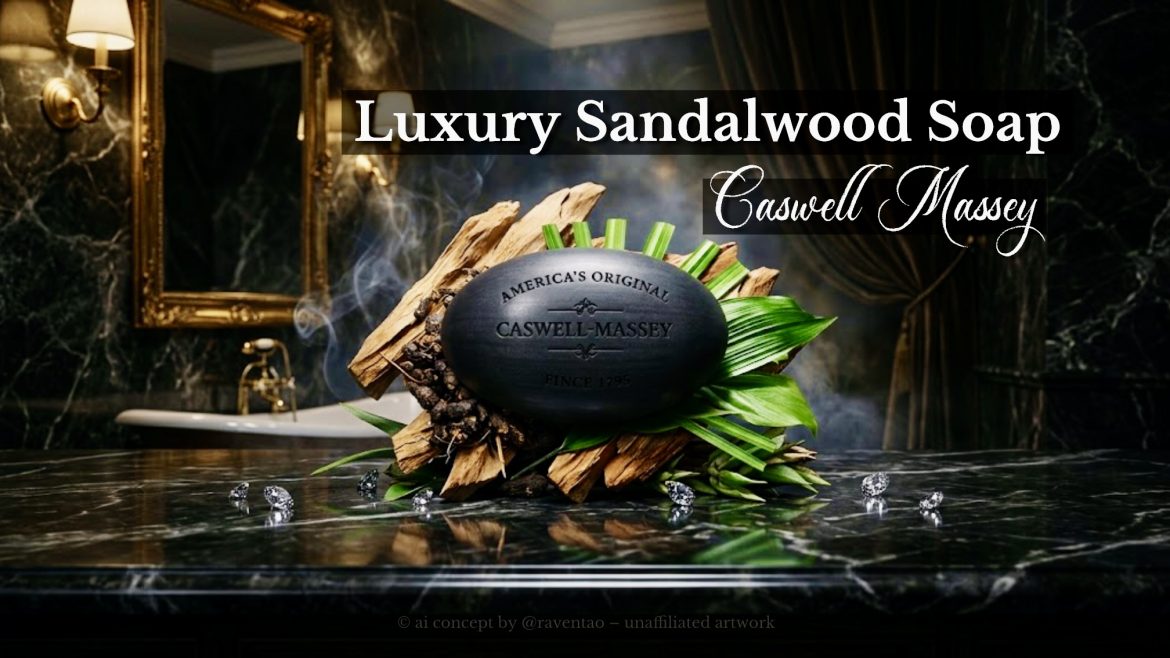 AI-created Caswell-Massey sandalwood soap styling concept with sandalwood and greenery in a luxury bathroom