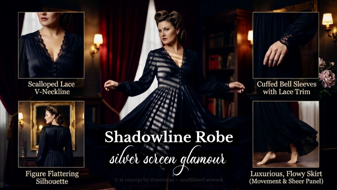 AI-created styling concept of a Shadowline black silky robe with scalloped lace V-neckline, long bell sleeves and flowing floor-length skirt